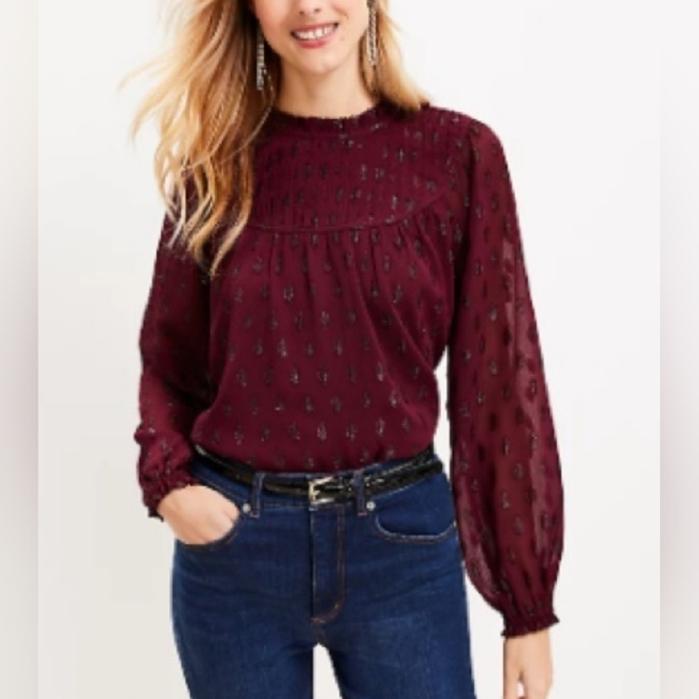 Loft Purple Pleated Yoke Long Sleeve Blouse With Subtle Pattern Size M